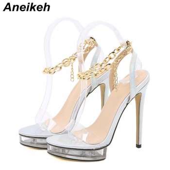 Crystal Waterproof Platform High Heels Sandals Shoes Women PVC Metal Chain 